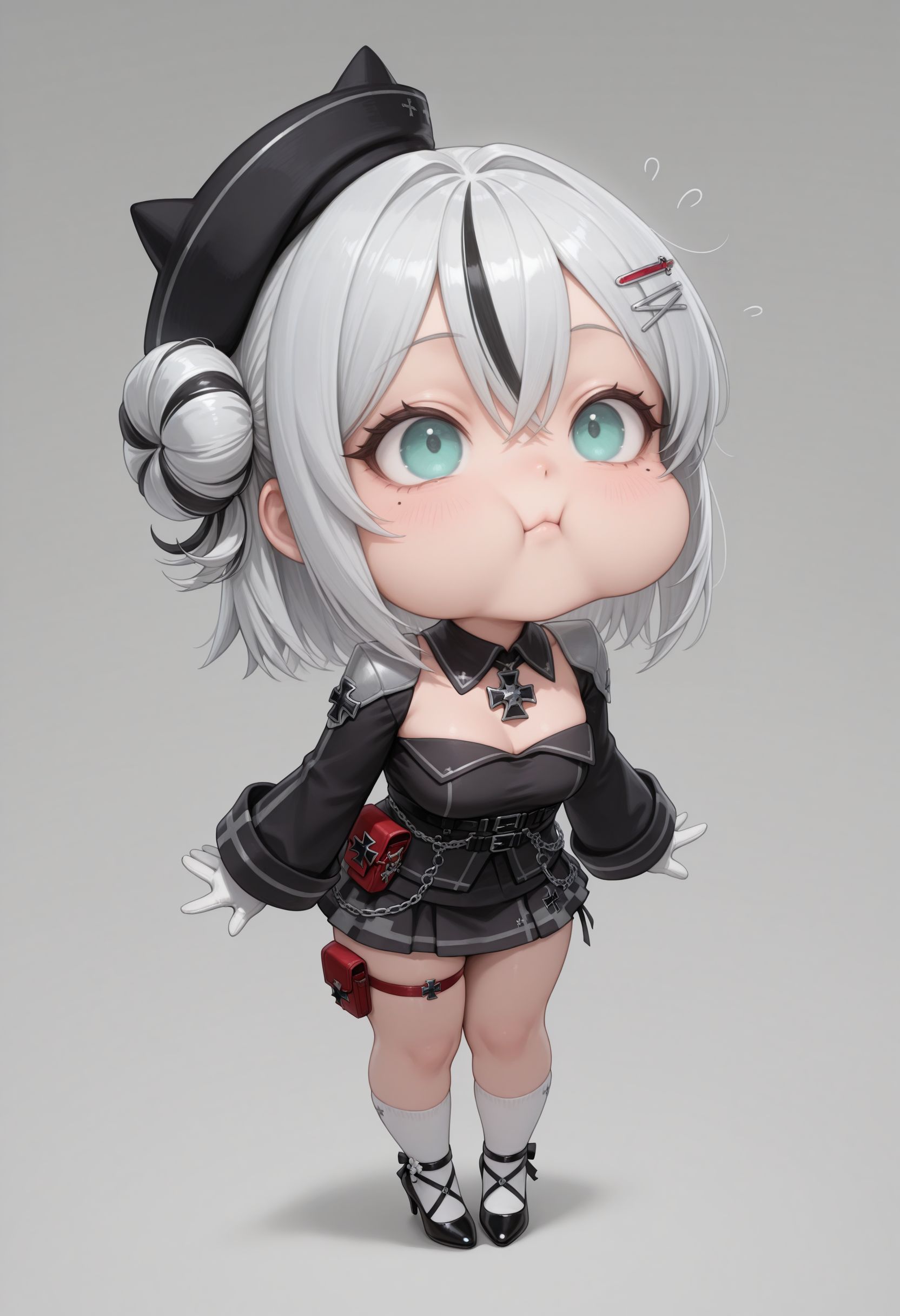 masterpiece, best quality, newest, (realistic:0.5), solo,  chibi style, exaggerated eyes, exaggerated expression, puffed cheeks, full cheeks, , stuffed mouth, cartoonish, round eyes, closed mouth, 
 <lora:Jade  Illu:1> azjade, aqua eyes, medium hair, two-tone hair, single side bun, mole under eye, black hat, hairclip, detached collar, iron cross, black uniform, long sleeves, white gloves, black belt, chain, red waist pouch, miniskirt, red thigh strap, white socks, strappy heels,