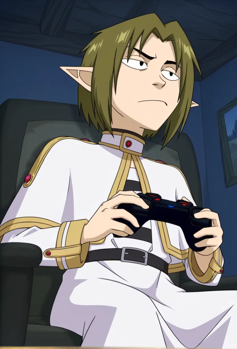 masterpiece, perfect face, beautiful face, perfect hands, beautiful hands, dark theme, 
 <lora:dimon-30:1> dmnwf, solo, 1boy, male focus, brown hair, shirt, short hair,  game controller, controller, holding, sitting, indoors, chair , frieren \(cosplay\), dress, pointy ears, from from below,