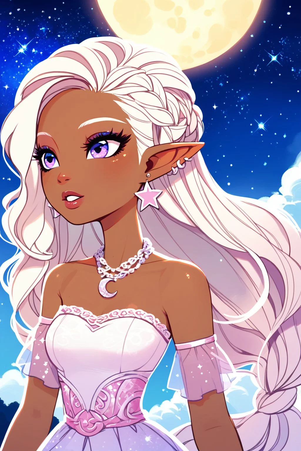 score_9, score_8_up, score_8, <lora:everafterhigh:0.8>, everafterhigh, 1girl, jewelry, pointy ears, dark skin, solo, breasts, dark-skinned female, necklace, white hair, long hair, earrings, star \(sky\), sky, night, dress, bare shoulders, elf, moon, starry sky, strapless, white dress, night sky, collarbone, upper body, crescent moon, detached sleeves, strapless dress, dark elf, outdoors, piercing, ear piercing, profile, parted lips, cloud, lips, braid