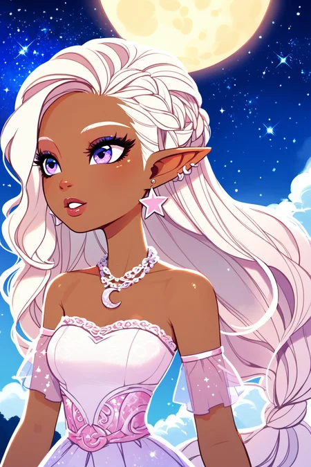 score_9, score_8_up, score_8, <lora:everafterhigh:0.8>, everafterhigh, 1girl, jewelry, pointy ears, dark skin, solo, breasts, dark-skinned female, necklace, white hair, long hair, earrings, star \(sky\), sky, night, dress, bare shoulders, elf, moon, starry sky, strapless, white dress, night sky, collarbone, upper body, crescent moon, detached sleeves, strapless dress, dark elf, outdoors, piercing, ear piercing, profile, parted lips, cloud, lips, braid