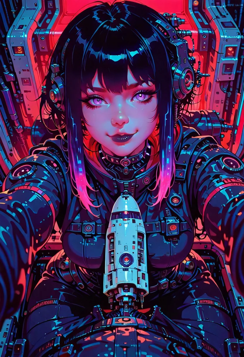 goth masterpiece, best quality, good quality, very aesthetic, absurdres, newest, 8K, depth of field, focused subject, 1girl, science-fiction, pov, light, from front, from above, 1girl, sci-fi, sitting atop space rocket, white space rocket, smile, (sexy) space suit, swirl, neon hair, short goth hair, mecha choker, tubes into parts, dynamic angle, in the style of cknc and pun 43, red filter /neon
(cutesexyrobutts:0.35)