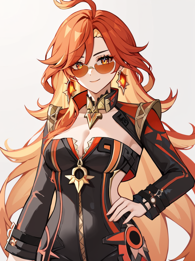 score_9,score_8_up,score_7_up,    <lora:mavuika_(genshin_impact):1>ï¼1girl, ahoge, black bikesuit, cleavage, head tilt, highres, looking at viewer, mavuika (genshin impact), orange eyes, orange hair, orange pupils, simple background, smile, solo, sun earrings, sunburst iris, sunglasses, two-tone eyes, two-tone hair, very long hair, white background