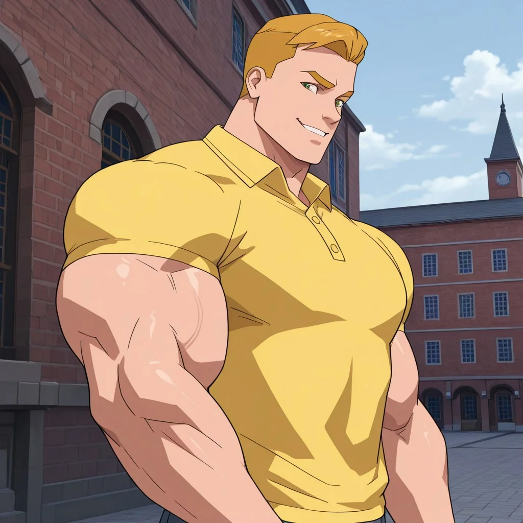 masterpiece, best quality, newest, amazing quality, perfect face, perfect eyes, Rick, blonde hair, green eyes, yellow polo shirt, muscular, huge biceps, smirk, confident, partial side view, outdoor setting with brick buildings background,