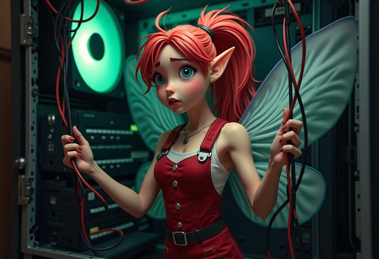 a fairy standing in a computer case holding wires and tangled in them, panic face, female, elf ears, red coveralls, red hair, ponytail, dragonfly wings,