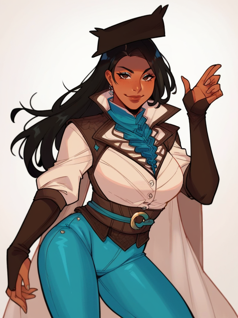 score_9, score_8_up, score_7_up, 1girl, dynamic pose, cowboy shot, light smile, looking at viewer, daylight, sexy pose, sexually suggestive, white light,
<lora:ANaveGallus_character:0.8>, NaveGallus, black hair, long hair, brown eyes, dark skin, white shirt, blue pants, belt, high collar, hat, cartoon, <lora:2XKO_style:0.85>, 2XKO,