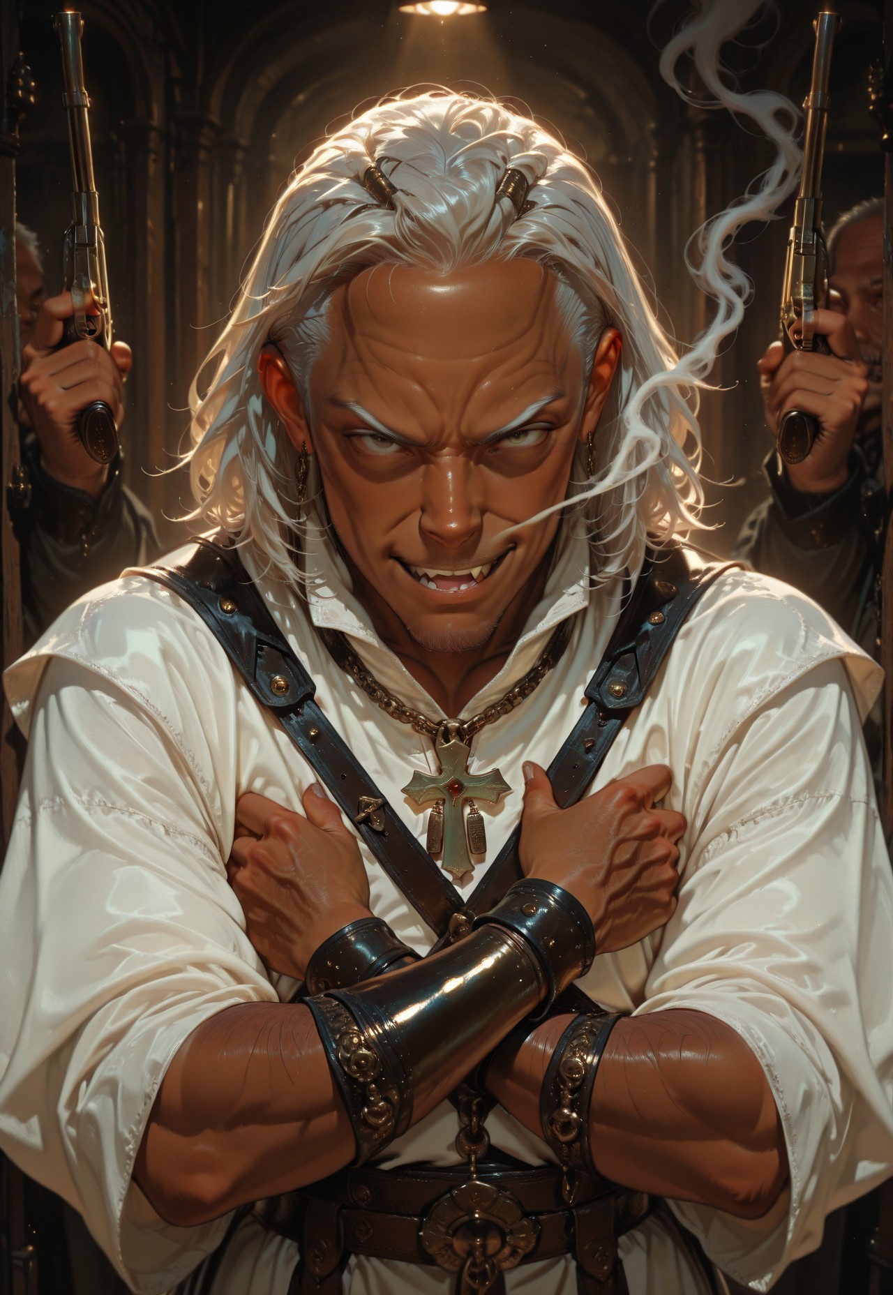 1boy, solo, ((dark choco skin)), ((white short dreadlocks hair)), ((rich medieval  clothes, gold lines, )), (little muscular body), evil smirk, stand pose, ((old men)), ((wrinkles face)), BREAK,  from above, dynamic poses, half body view, guns in hands, crossed arms with guns on chest, smoke gun, epic pose, 
HDR, 8k, high contrast, masterpiece, best quality, amazing quality, very aesthetic, high resolution, ultra-detailed, absurdres, perfect lighting, volumetric lighting, dramatic shadows, cinematic lighting, (sharp image), more detail XL, scenery, (perfect anatomy, perfect hand anatomy, perfect  face anatomy, perfect eyes anatomy, perfect mouth anatomy), perfect lighting, (sharp image), perfect anatomy, Focus face, (sharp focus), ILXLpos,  old male, G0thicL1nes, ภารโรงHD,  Little Grey Hair, 