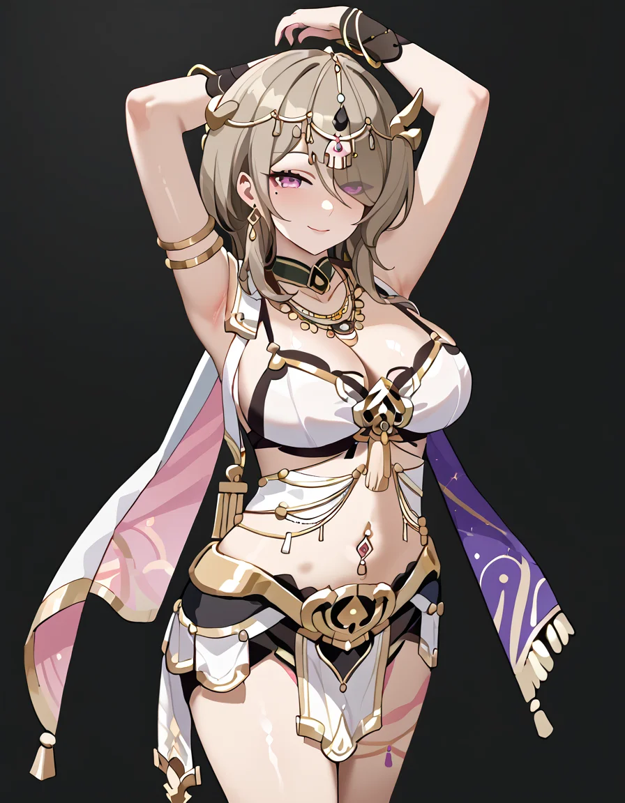 (masterpiece), (best quality), (ultra-detailed), masterpiece, source_anime, score_9, score_8_up, score_7_up BREAK, illustration, disheveled hair, detailed eyes, perfect composition, intricate details, moist skin BREAK, rita rossweisse, brown hair, purple eyes, hair over one eye, mole, mole under eye, short hair, large breast BREAK, EternalDance, ED_hair_jewelry, ED_necklace, ED_dancer_clothes, ED_detached_collar, ED_jewelry, ED_earrings,full body,thighs, looking at viewer,alluring face,seductive, naughty face,standing,navel,arms up