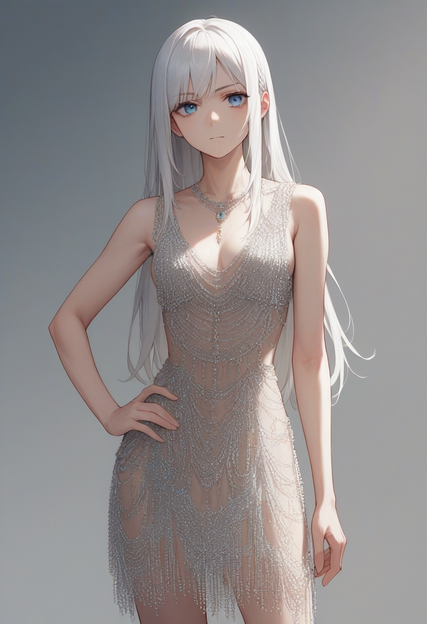 score_9, score_8_up, score_7_up, score_6_up, source_anime, <lora:beaded_dress_v0.1-pony:1>
1girl, long hair, blue eyes, white hair, 
beaded dress, cowboy shot, hand on own hip,