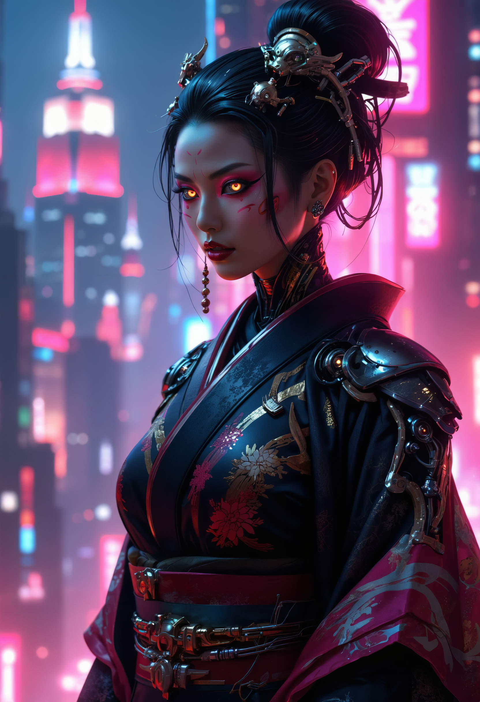 highly detailed and hyper realistic, highly detailed and hyper realistic, a panoramic shot of an extremely alluring feminine cyberpunk geisha cyborg with highly detailed glowing eyes, elegant expression and pose, wearing a floating futuristic latex kimono, standing in front of a cyberpunk skyscraper, neon hues, atmospheric haze
<lora:xl_more_art-full_v1:0.5> <lora:add-detail-xl:1>