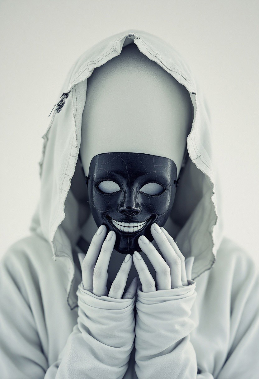 A white void. No sky. No ground. Just an endless, sterile expanse—like the world has been cast in powdered bone.
At the center: a woman, too close. Her face does not exist. Where features should be, there’s only smooth, blinding whiteness—flawless, unnerving.
A tattered hood, sun-bleached and heavy, drapes over her head. Its edges shimmer faintly, stitched with fading silver that flickers like dying neon.
Just before the void where her face should be, a black porcelain mask hovers. A smile—stretched, frozen, disturbingly cheerful.
The eyeholes are deep and unlit.
Fine cracks run like veins across its cheeks, delicate but spreading.
Her hands, thin and wrapped in nearly translucent fabric, hold the mask with fragile care.
At her fingertips: brief flickers of violet and green light, distorted like a screen glitching in silence.
Nothing moves. No wind. No sound.
Behind her: only more whiteness.
Distant shapes—empty frames, maybe beds, maybe machines—blur at the horizon, too faint to name.
And the mask… the mask keeps smiling.