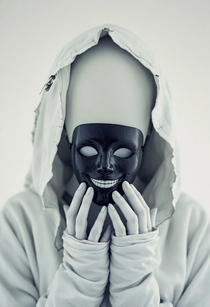 A white void. No sky. No ground. Just an endless, sterile expanse—like the world has been cast in powdered bone.
At the center: a woman, too close. Her face does not exist. Where features should be, there’s only smooth, blinding whiteness—flawless, unnerving.
A tattered hood, sun-bleached and heavy, drapes over her head. Its edges shimmer faintly, stitched with fading silver that flickers like dying neon.
Just before the void where her face should be, a black porcelain mask hovers. A smile—stretched, frozen, disturbingly cheerful.
The eyeholes are deep and unlit.
Fine cracks run like veins across its cheeks, delicate but spreading.
Her hands, thin and wrapped in nearly translucent fabric, hold the mask with fragile care.
At her fingertips: brief flickers of violet and green light, distorted like a screen glitching in silence.
Nothing moves. No wind. No sound.
Behind her: only more whiteness.
Distant shapes—empty frames, maybe beds, maybe machines—blur at the horizon, too faint to name.
And the mask… the mask keeps smiling.