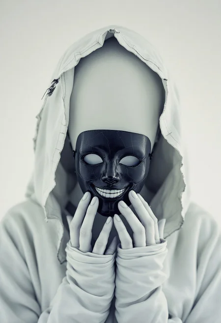 A white void. No sky. No ground. Just an endless, sterile expanse—like the world has been cast in powdered bone.
At the center: a woman, too close. Her face does not exist. Where features should be, there’s only smooth, blinding whiteness—flawless, unnerving.
A tattered hood, sun-bleached and heavy, drapes over her head. Its edges shimmer faintly, stitched with fading silver that flickers like dying neon.
Just before the void where her face should be, a black porcelain mask hovers. A smile—stretched, frozen, disturbingly cheerful.
The eyeholes are deep and unlit.
Fine cracks run like veins across its cheeks, delicate but spreading.
Her hands, thin and wrapped in nearly translucent fabric, hold the mask with fragile care.
At her fingertips: brief flickers of violet and green light, distorted like a screen glitching in silence.
Nothing moves. No wind. No sound.
Behind her: only more whiteness.
Distant shapes—empty frames, maybe beds, maybe machines—blur at the horizon, too faint to name.
And the mask… the mask keeps smiling.