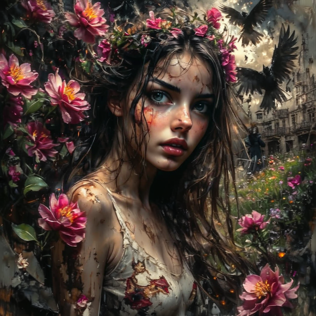 shamanqua beautiful girl in the garden among the flowers, very detailed, expressive, cinematic, darkness<lora:shamanqua:1>