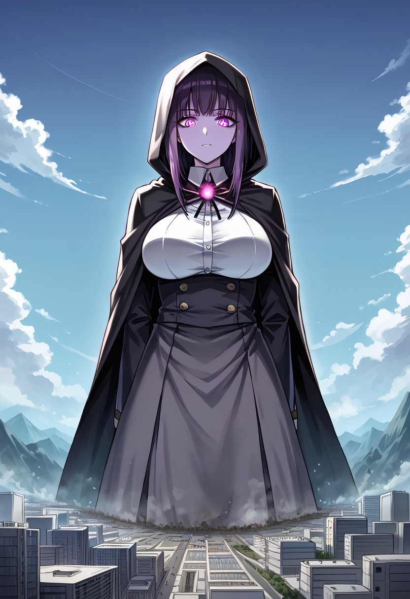 jvdaniang, giantess, (giga size: 1.4), source anime, 2d, large breasts, eyesHD, high gradient eyes, detailed eyes, high definition eyes, 1girls, women, A mysterious giantess with smoky, semi-transparent skin that shifts and ripples like living shadows. Her glowing violet eyes pierce through the darkness, and her hair billows like wisps of black mist. She wears a cloak of shadows that seems to fade into the surrounding twilight. The setting is a shadowy realm filled with swirling mists and faintly glowing runes etched into the ground, as she walks silently, her massive form barely making a sound.