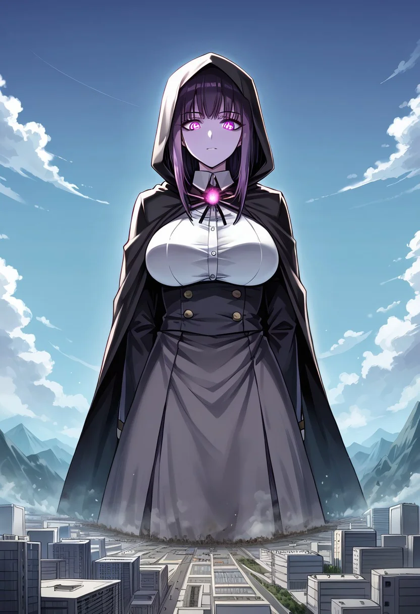 jvdaniang, giantess, (giga size: 1.4), source anime, 2d, large breasts, eyesHD, high gradient eyes, detailed eyes, high definition eyes, 1girls, women, A mysterious giantess with smoky, semi-transparent skin that shifts and ripples like living shadows. Her glowing violet eyes pierce through the darkness, and her hair billows like wisps of black mist. She wears a cloak of shadows that seems to fade into the surrounding twilight. The setting is a shadowy realm filled with swirling mists and faintly glowing runes etched into the ground, as she walks silently, her massive form barely making a sound.