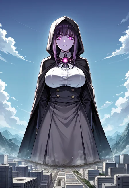 jvdaniang, giantess, (giga size: 1.4), source anime, 2d, large breasts, eyesHD, high gradient eyes, detailed eyes, high definition eyes, 1girls, women, A mysterious giantess with smoky, semi-transparent skin that shifts and ripples like living shadows. Her glowing violet eyes pierce through the darkness, and her hair billows like wisps of black mist. She wears a cloak of shadows that seems to fade into the surrounding twilight. The setting is a shadowy realm filled with swirling mists and faintly glowing runes etched into the ground, as she walks silently, her massive form barely making a sound.