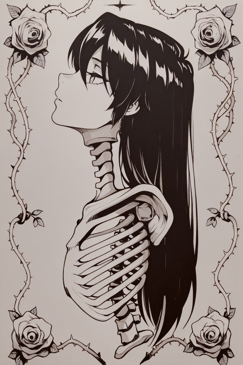masterpiece, best quality, amazing quality,
 <lora:Alternate_ILV3:1> taxidermy, thorns, vines, long hair, solo, flower, monochrome, rose, plant, traditional media, profile, from side, 1girl, headcon, head only, backbone, spine, human bones, ribs, bound, skeleton, florar background