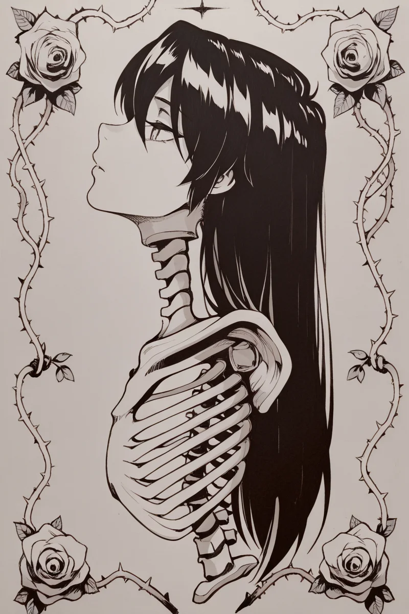 masterpiece, best quality, amazing quality,
 <lora:Alternate_ILV3:1> taxidermy, thorns, vines, long hair, solo, flower, monochrome, rose, plant, traditional media, profile, from side, 1girl, headcon, head only, backbone, spine, human bones, ribs, bound, skeleton, florar background