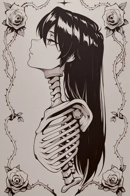 masterpiece, best quality, amazing quality,
 <lora:Alternate_ILV3:1> taxidermy, thorns, vines, long hair, solo, flower, monochrome, rose, plant, traditional media, profile, from side, 1girl, headcon, head only, backbone, spine, human bones, ribs, bound, skeleton, florar background