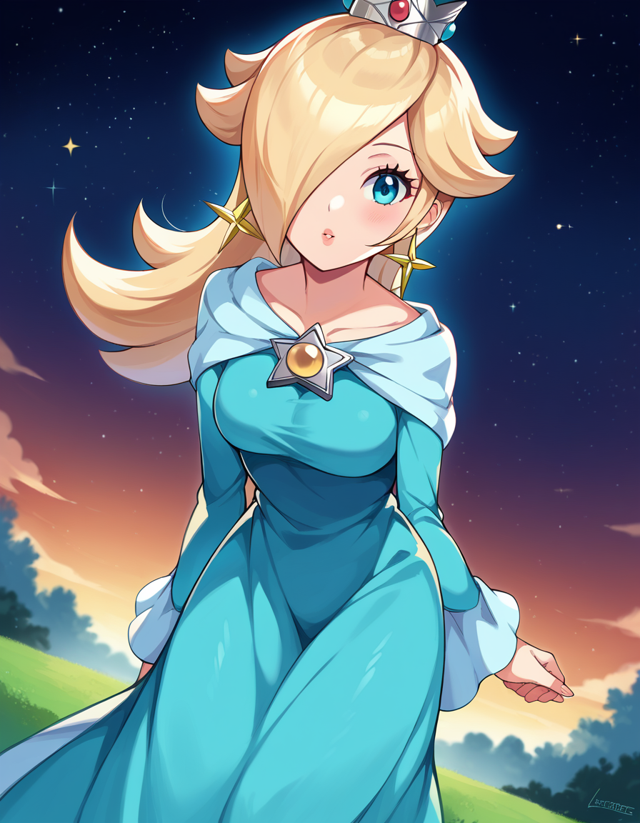 score_9, score_8_up, score_7_up, source_anime,
rosalina, <lora:princess-rosalina-ponyxl-lora-nochekaiser:1>,
rosalina, blonde hair, blue eyes, hair over one eye, long hair,
blue dress, crown, dress, earrings, jewelry, princess, robe, star earrings,
outdoors, space, bent over,
looking at viewer, dutch angle, cowboy shot,