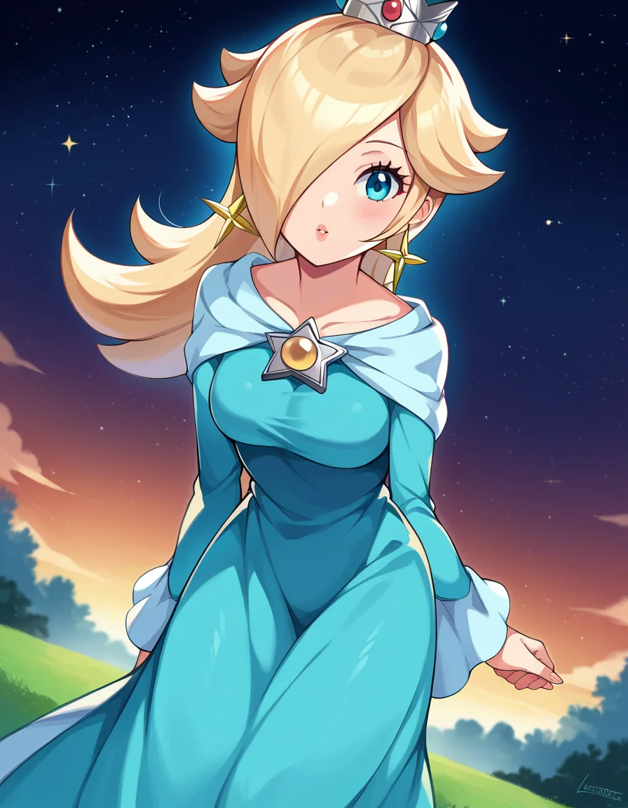 score_9, score_8_up, score_7_up, source_anime,
rosalina, <lora:princess-rosalina-ponyxl-lora-nochekaiser:1>,
rosalina, blonde hair, blue eyes, hair over one eye, long hair,
blue dress, crown, dress, earrings, jewelry, princess, robe, star earrings,
outdoors, space, bent over,
looking at viewer, dutch angle, cowboy shot,