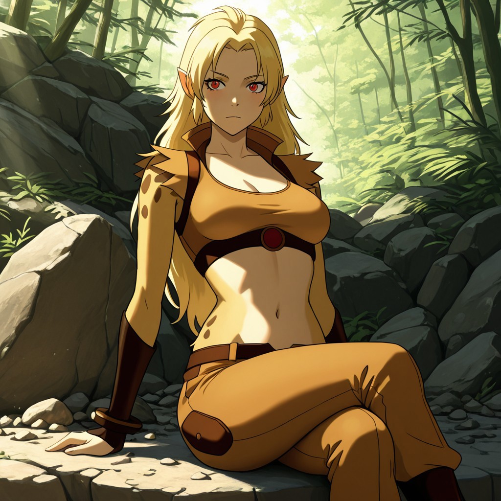 masterpiece, best quality, break, solo, cheetara_tc, blonde hair, long hair, red eyes, pointy ears, crop top, navel, pants, sitting, crossed legs, rock, outdoors, natural lighting