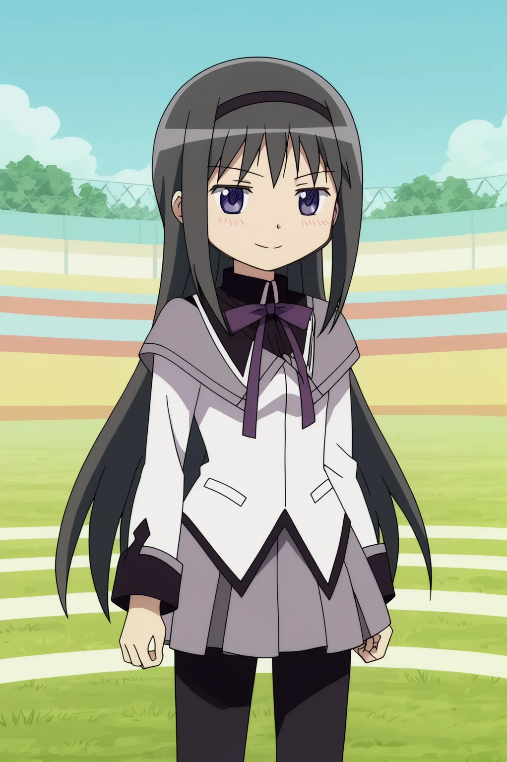 rating_safe,  anime screencap, consistent background,   Homura Akemi, light smile, upper body  <lora:Madoka-Homura_Akemi-PDXL:0.8>,