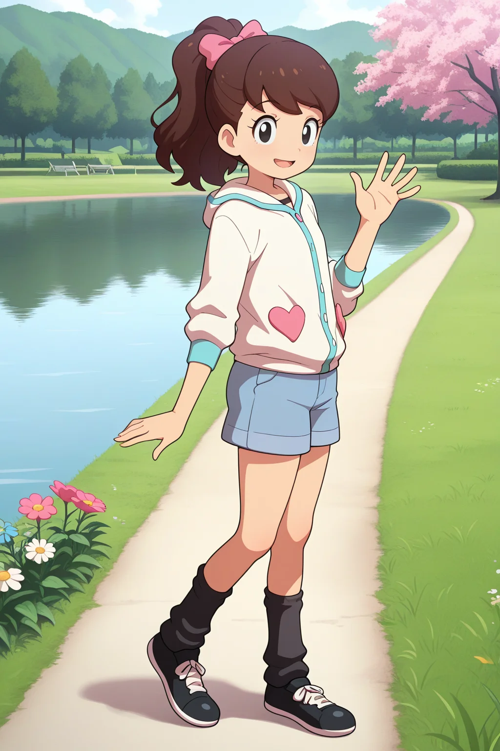 masterpiece, best quality, amazing quality, absurdres, kodamafumika, brown hair, high ponytail, solo, smile, waving, looking at viewer, white jacket, (heart patch:0.2), blue shorts, black ankle warmers, black shoes, outdoors, park, lake, grass, flowers