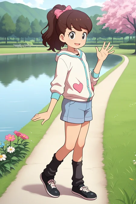masterpiece, best quality, amazing quality, absurdres, kodamafumika, brown hair, high ponytail, solo, smile, waving, looking at viewer, white jacket, (heart patch:0.2), blue shorts, black ankle warmers, black shoes, outdoors, park, lake, grass, flowers