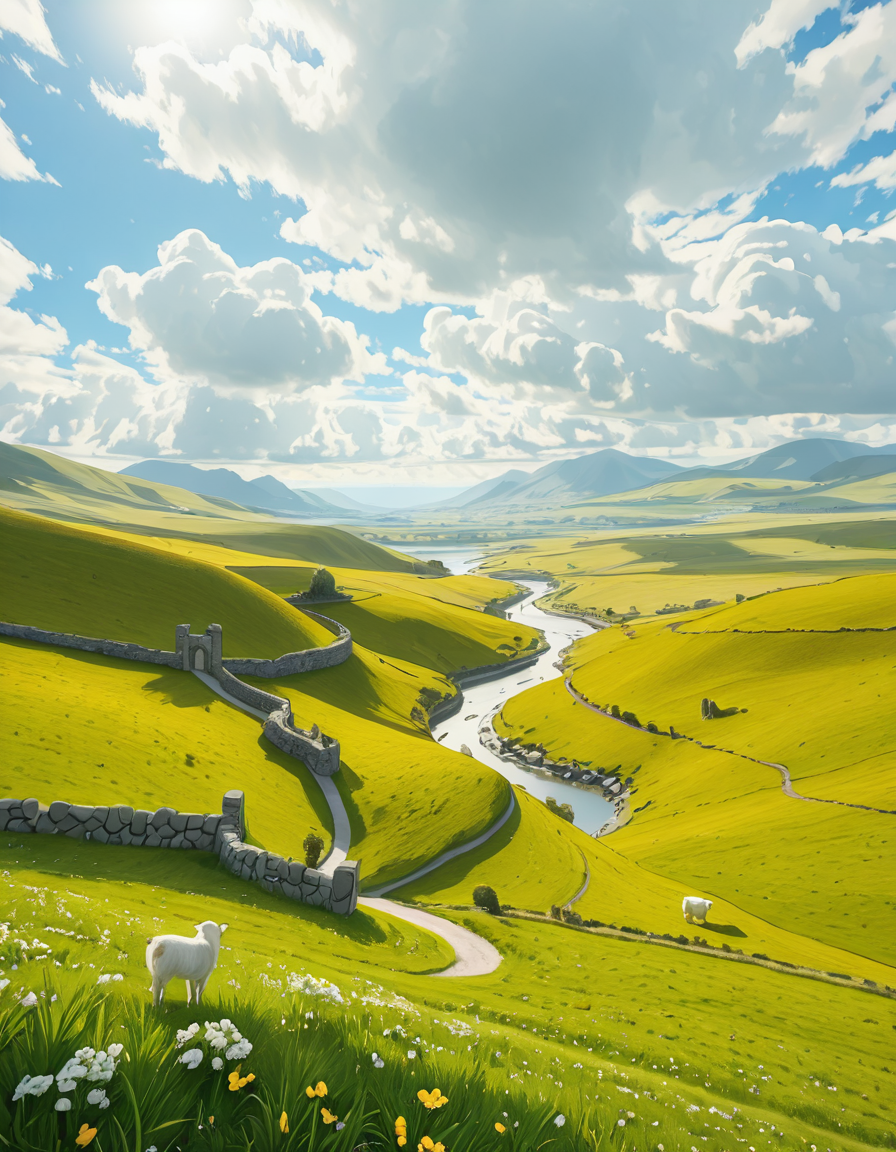 A breathtaking, high-resolution photograph of the rolling plains of Ireland, stretching endlessly under a vast, cloud-streaked sky. The landscape is a lush, vibrant green, with gentle hills covered in soft grass and dotted with scattered wildflowers. Ancient stone walls and winding dirt paths cut through the fields, marking old farmland boundaries. In the distance, a few solitary sheep graze peacefully, their white wool contrasting against the emerald grass. A small, clear river meanders through the valley, reflecting the soft light of the sky. The horizon is framed by low, misty mountains, adding depth and mystery to the scene. Above, the sky is a mix of bright blue and fluffy white clouds, casting dynamic shadows across the landscape as beams of sunlight break through. The atmosphere is serene, timeless, and rich with the natural beauty of the Irish countryside.
<lora:SDXLFaeTastic2400:0.4> <lora:extremely_detailed:0.4> extremely detailed,rolling plains of 1r3l4nd, <lora:rolling_plains_of_1r3l4nd-i:1>, Masterpiece,best quality,hi res,8k,hi res,8k,award winning,(sharp focus, intricate, highly detailed),