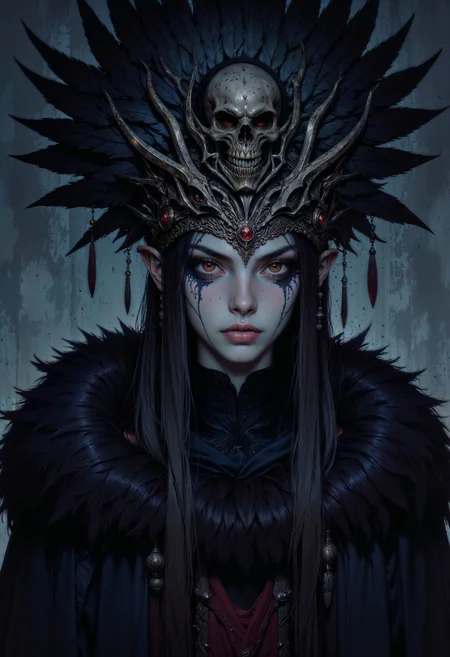 a digital painting in a dark, fantasy art style, depicting a mysterious woman with an otherworldly appearance. She has pale, almost luminescent skin and striking red eyes that glow with an eerie light. Her face is adorned with intricate tribal markings and she wears a large, ornate headdress made of black feathers and a skull, adding to her enigmatic aura. Her long, dark hair cascades down her shoulders, partially covered by a shawl made of dark feathers. The background is a gradient of dark blues and grays, creating a somber, mystical atmosphere. The woman's expression is serious and intense, suggesting a deep, possibly ominous, presence. The camera angle is slightly above eye level, focusing on her upper body and face, which are the focal points of the image.