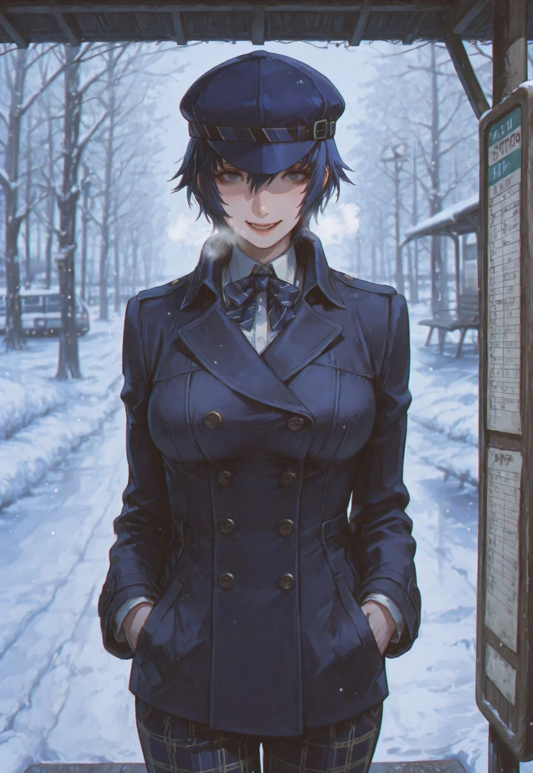 masterpiece,best quality,amazing quality, absurdres, volumetric lighting, chromatic aberration, 4k, intricate details,
1girl, solo, slender curvy body, (large breasts), p4naoto, shirogane naoto, blue hair, short hair, androgynous, cabbie hat, p4naoto-wincas, (dark blue trenchcoat), double-breasted jacket, dress shirt, bowtie, plaid pants, pants, plaid, looking at viewer, standing, cowboy shot, hands on pockets, sexy pose, cute smile, open mouth, frosty breath, dynamic pose, bus stop, snow, pink dreamy filter, celshaded cannedmos, 69yottea_style_illu, 7481llu, lineart,