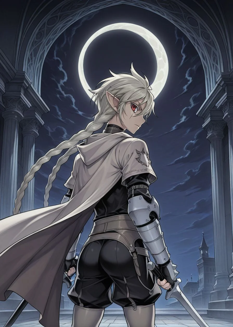 masterpiece, best quality, arms at sides, male focus, 1boy, male, gothic background, night, solo, (concept art:1.2), fighting stance, holding sword, ass, facing away, looking back, crescent moon, 
<lora:Koinzell:0.8>, Koinz0l, red eyes, platinum blonde hair, scar across eye, pointy ears, twin braid, platinum blonde eyelashes, cape, hooded cloak,