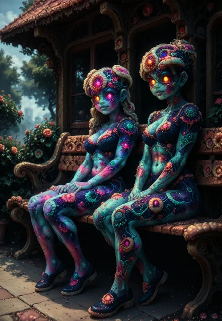score_9,score_8,score_7,[score_6],[[score_5]], daytime park, 2girls sitting on a bench, colored skin, colored sclera