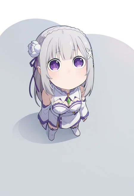 score_9, score_8_up, score_7_up, source_anime,
BREAK
1girl, solo,
<lora:shiEmiliaV2:1> shimilia, long hair, grey hair, purple eyes, pointy ears, crown braid, hair flower, hair ribbon, purple ribbon, x hair ornament, white dress, cleavage, bare shoulders, wide sleeves, white thighhighs, thigh boots,
<lora:shiBoobShadowV3:1.0>,
1girl, solo, shingleshadowmeme, meme, wide-eyed, breast shadow, wide-eyed, solid circle eyes, no mouth, closed mouth,
looking up, standing, full body,
simple background, white background, shadow, chibi, meme,