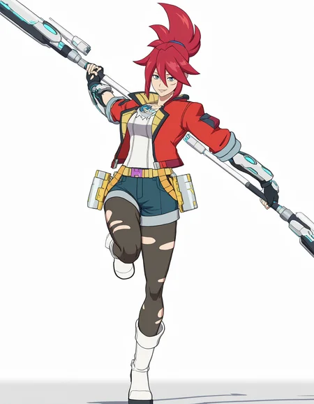 full body, solo, perfect composition, shadows, shading, <lora:anime_screencap-Illustrious:0.5> anime screencap, anime coloring, very aesthetic, absurdres, zPDXL, <lora:Pony_DetailV2.0:0.5> <lora:illustrious_quality_modifiers_masterpieces_v1:1>
<lora:Korsica:0.7> k0rs1c2, 1girl, hair tie, red hair, scar on cheek, ponytail, female focus, looking at viewer, smile, defined lips, dynamic pose, jumping backward, on one leg, holding weapon, batons, dual wielding,
casual_attire, yellow collar, chest gem, torn shirt, red jacket, white shirt, sleeves rolled up, mechanical arms, fingerless gloves, torn pantyhose, black pantyhose, denim shorts, holster, yellow belt, white boots,
(white background:1.2)