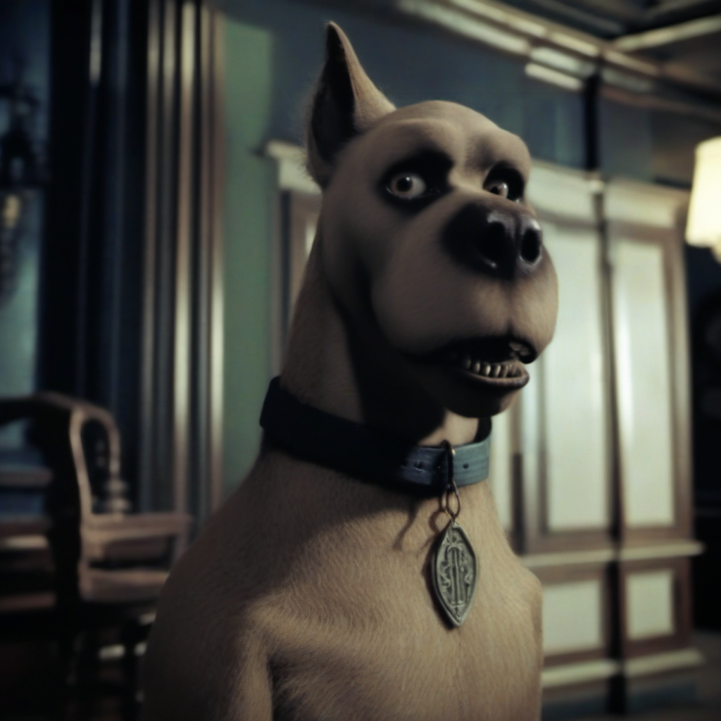 Horror-themed a dog with a collar scared in haunted mansion <lora:ScoobyDoo1024:0.8> . Eerie, unsettling, dark, spooky, suspenseful, grim, highly detailed