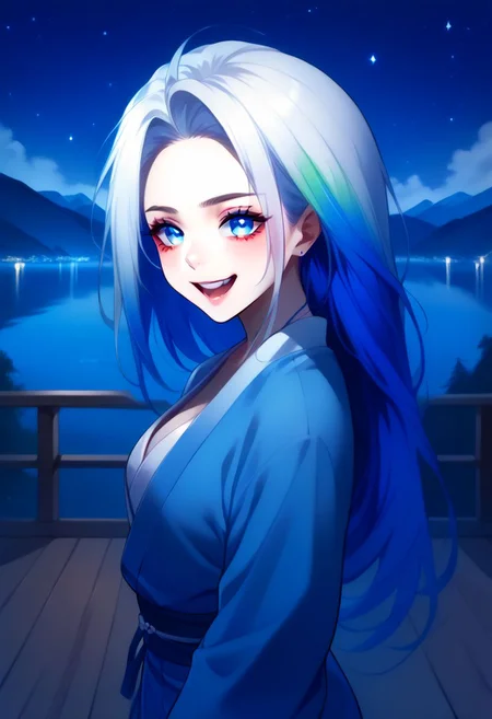 score_9, score_8_up, score_7_up, 8k uhd, masterpiece, best quality, high quality, absurdres, ultra-detailed, (highly detailed), OverallDetail, Expressiveh,
,
((( Adult )))
,
(((1 woman)))
,
(((RoxanaF, blue eyes, multicoloured hair, yukata)))
,
((( TeraceWA, lake, sky, mountains, night )))
,
((( Smiling, face close-up view, side view)))