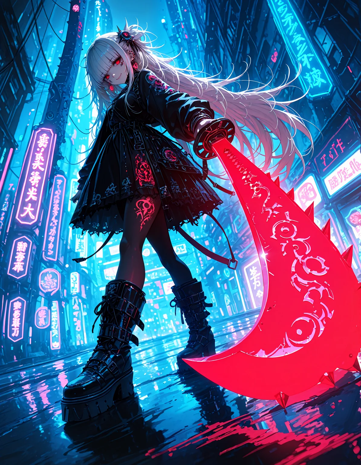masterpiece, best quality,high quality, newest, highres,8K,HDR,absurdres,4ur4_illu,shiny, <lora:Aura_illu:1>,4ur4_illu, 1girl, weapon, white hair, solo, hair ornament,holding sword,spiked sword,giant sword, neon_sword, piercing, bangs, long sleeves, looking at viewer, very long hair,messy hair,hime cut, red eyes, ear piercing, jewelry, holding weapon, dress, holding, outdoors, tattoo, earrings, boots, closed mouth, katana, smile, full body, reflection, blurry, blurry background,tokyo_lights,tokyo street,neon lights,cyberpunk, high-contrast lighting, intricate details, vibrant colors, reflective surfaces, dynamic pose, futuristic urban environment, glowing neon signs, cybernetic enhancements, punk aesthetic, dynamic pose, dynamic composition,dutch angle, depth of field,dark_theme,detailed backgroud,foreshortening,blurry edges,