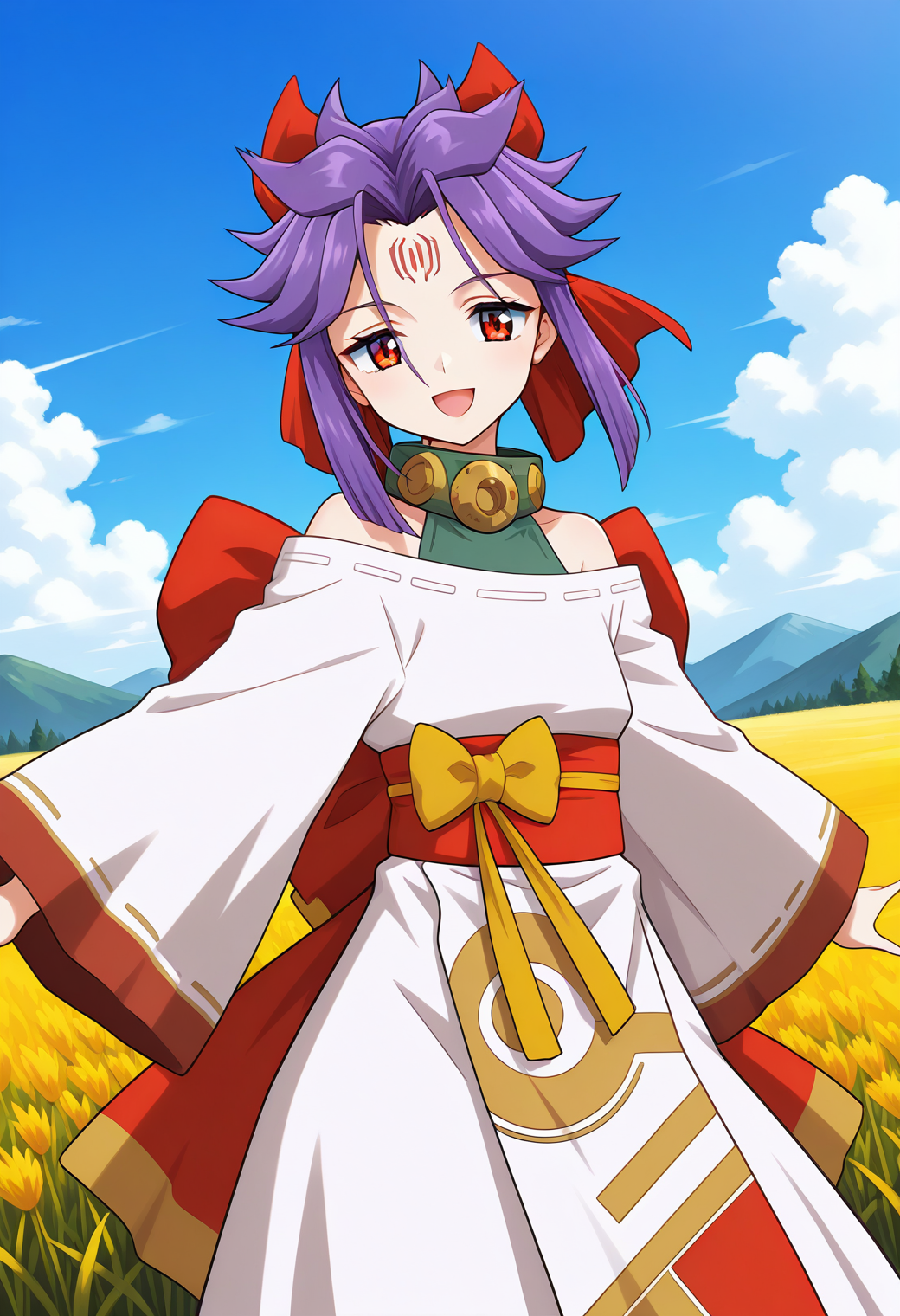 eretzvaju_kakurine, facial mark, forehead mark, red eyes, purple hair, medium  hair, sidelocks, hair ribbon, collar, bare shoulders, japanese clothes, long sleeves, dress,  <lora:eretzvaju_kakurine_illustrious_ver1:0.8>
1girl, solo, (field:1.2), (blue sky:1.2), looking at viewer, smile, open mouth,, (cowboy shot, dynamic pose:1.4),, masterpiece, best quality, general,