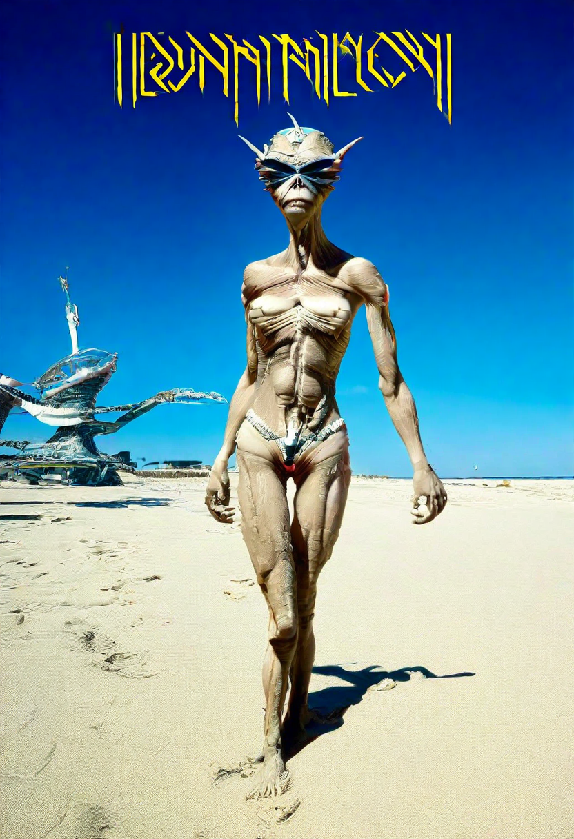 this surrealist 1r0nM41d3n photo features a woman wearing a one-piece swimsuit. She is on the beach standing on the sandy coast. There is a futuristic ship in the background. There is a palm tree next to her.