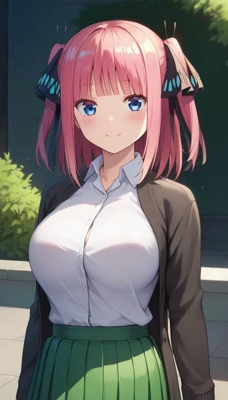 score_9,score_8_up,score_7_up,score_6_up BREAK official art,solo,outdoors,upper body,(portrait:1.5),looking at viewer,facing viewer,smile,blush,Nakano Nino,medium hair,pink hair,shiny hair,hime cut,twintails,two side up,hair ribbon,black ribbon,butterfly hair ornament,blunt bangs,eyebrows hidden by hair,blue eyes,school uniform,black cardigan,open cardigan,white shirt,collared shirt,large breasts,long sleeves,green skirt,pleated skirt,zettai ryouiki,white thighhighs,loafers,<lora:Nakano Nino(tqq)-Pony:1.6>,