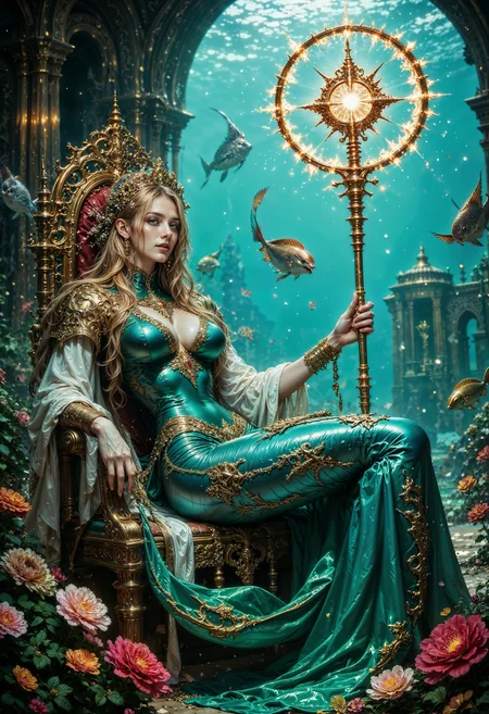 A regal mermaid with iridescent scales shimmering in shades of turquoise and aquamarine, lounges on a gilded throne amidst the grandiose architecture of Atlantis, surrounded by schools of exotic fish darting through the translucent waters. Her slender, porcelain-skinned hand grasps a staff adorned with delicate sea anemones and glittering pearls, radiating soft, shimmering water magic that illuminates the aquatic environment. Her long, flowing locks of golden hair cascade down her back, with a few stray strands framing her heart-shaped face, accentuating her bright, piercing emerald green eyes. The atmosphere is tranquil, with soft, diffused light filtering through the water, casting an ethereal glow on the entire scene.