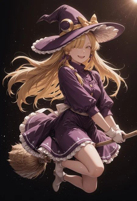 Marisa98, 1girl, solo, yellow eyes, blonde hair hair, long hair, hair over one eye, sidelocks, small breasts, witch hat, purple hat, frilled hat, hat bow, yellow bow, hat ornament, crescent hat ornament, hair ribbon, purple ribbon, purple turtleneck, purple dress, frilled skirt, puffy long sleeves, yellow buttons, white gloves, white sash, 
broom riding, riding broomstick, full body, floating, flying, one leg up, dynamic action pose, >:d, realistic, ambient light, soft shadows, vivid, perspective, masterpiece, best quality, amazing quality, intricate detail, highly detailed, newest, highres, 8K, HDR, best quality, absurdres, high quality, dynamic composition, vibrant colors, foreshortening, glamour shot, lazypos