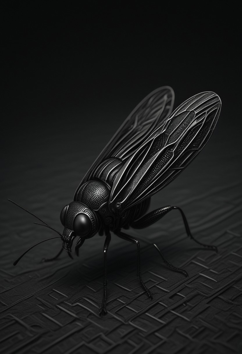 A hyperrealistic 200mm photo of a insect in cf_style, looking up, simple background, monochrom background, lines and squares background, futuristic, cyborg vibes, mobe-cybideen, masterpiece, absurdres, black and white, dramatic concept lines setting, dynamic angle, dynamic pose, dramatic light, highly detailed, high resolution textures, ultra high resolution,