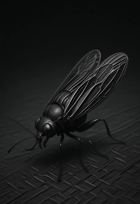 A hyperrealistic 200mm photo of a insect in cf_style, looking up, simple background, monochrom background, lines and squares background, futuristic, cyborg vibes, mobe-cybideen, masterpiece, absurdres, black and white, dramatic concept lines setting, dynamic angle, dynamic pose, dramatic light, highly detailed, high resolution textures, ultra high resolution,