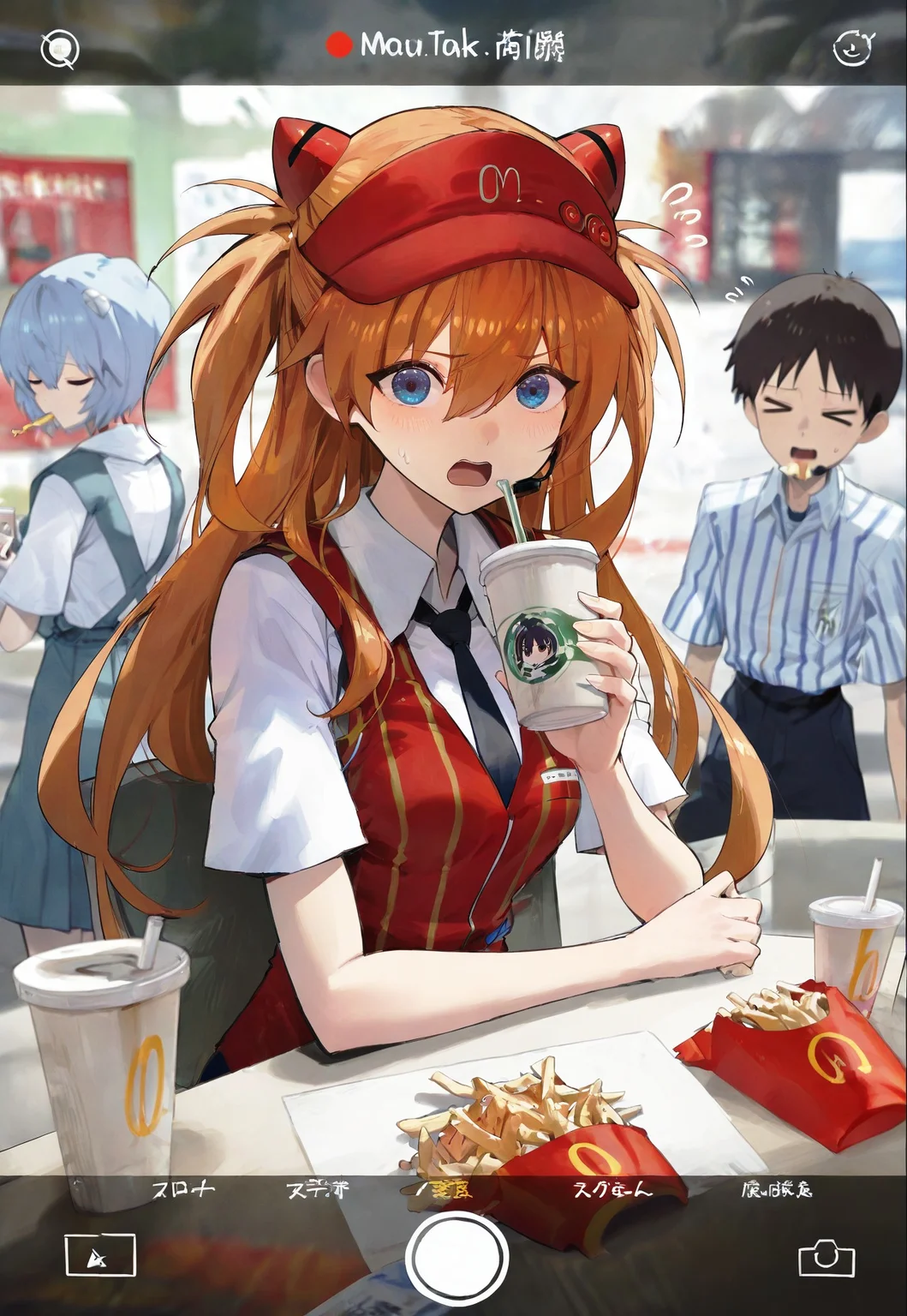 scottie \(phantom2\), fujitaka nasu, neon genesis evangelion, yoru mac, ayanami rei, ikari shinji, imadake dabuchi tabemi, souryuu asuka langley, 1boy, 2girls, > <, black necktie, blue eyes, blue hair, bow, breasts, brown hair, collared shirt, cosplay, cup, disposable cup, drinking straw, drinking straw in mouth, elbow on table, employee uniform, fake phone screenshot, fake screenshot, fast food uniform, flying sweatdrops, food, food in mouth, french fries, hair between eyes, hat, headset, holding, holding cup, imadake dabuchi tabemi \(cosplay\), interface headset, long hair, looking at viewer, multiple boys, multiple girls, necktie, open mouth, orange hair, parody, red bow, red eyes, red hat, school uniform, shirt, short hair, short sleeves, striped clothes, striped shirt, table, vertical-striped clothes, vertical-striped shirt, visor cap, white shirt, yellow happi, phone, selfie