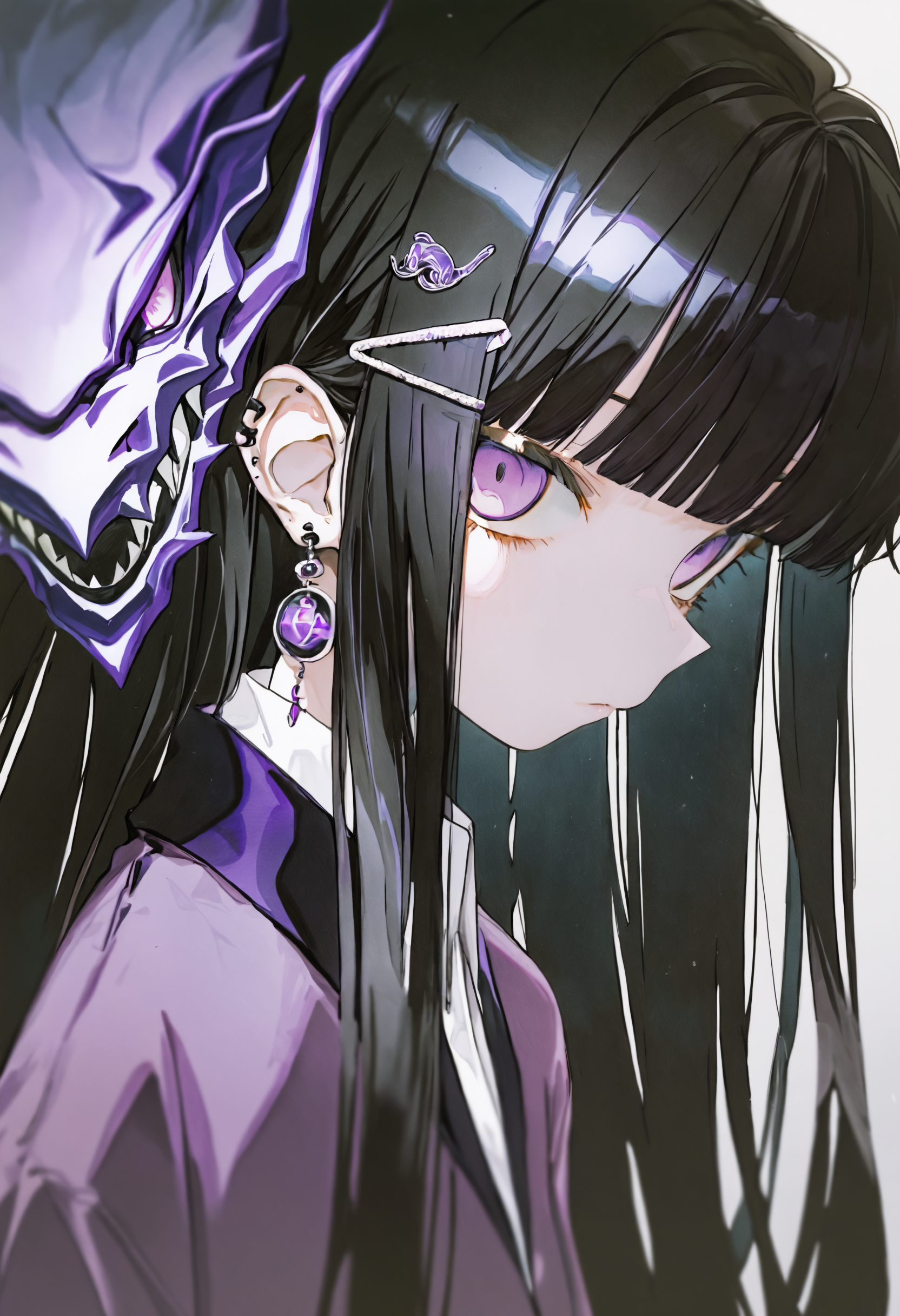 traditional media, 1girl, black hair, looking at viewer, purple eyes, long hair, jewelry, dragon, earrings, purple jacket, hair ornament, ear piercing, jacket, piercing, sharp teeth, hairclip, closed mouth, solo, blunt bangs, upper body, shirt, teeth, collared shirt, from side, expressionless, monster, ambient occlusion, depth of field, 