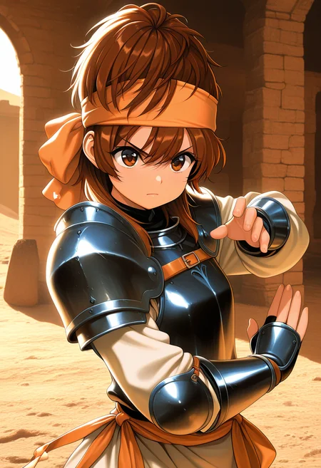 masterpiece, best_quality, amazing_quality, 1girl, solo,momokochar, short_hair, desert oasis marketplace with colorful tents, fighting_stance, serious, medieval armor,