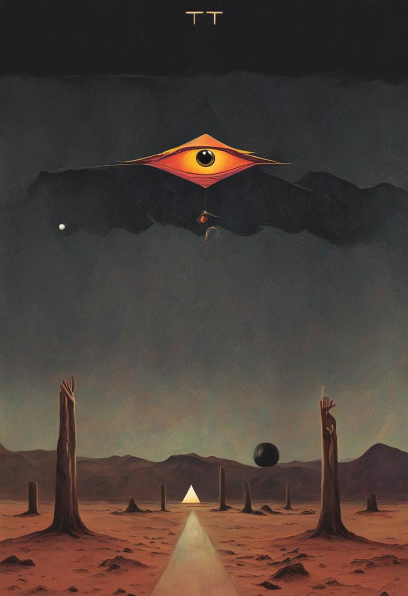 Tarot card design for the magician card with Robert Anton Wilson as the magician, in the desert with a pyramid in the background with an eye looking at the magician, mandala, golden Apple, UFO, dark vaporwave color palette, Perfect Hands, 3l3ctronics